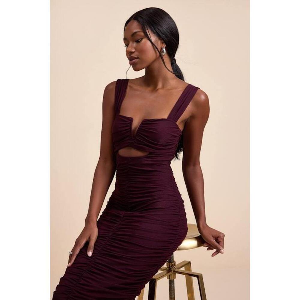Lulus Aelara Dark Plum Mesh Ruched Trumpet Midi Dress Purple - Size M
